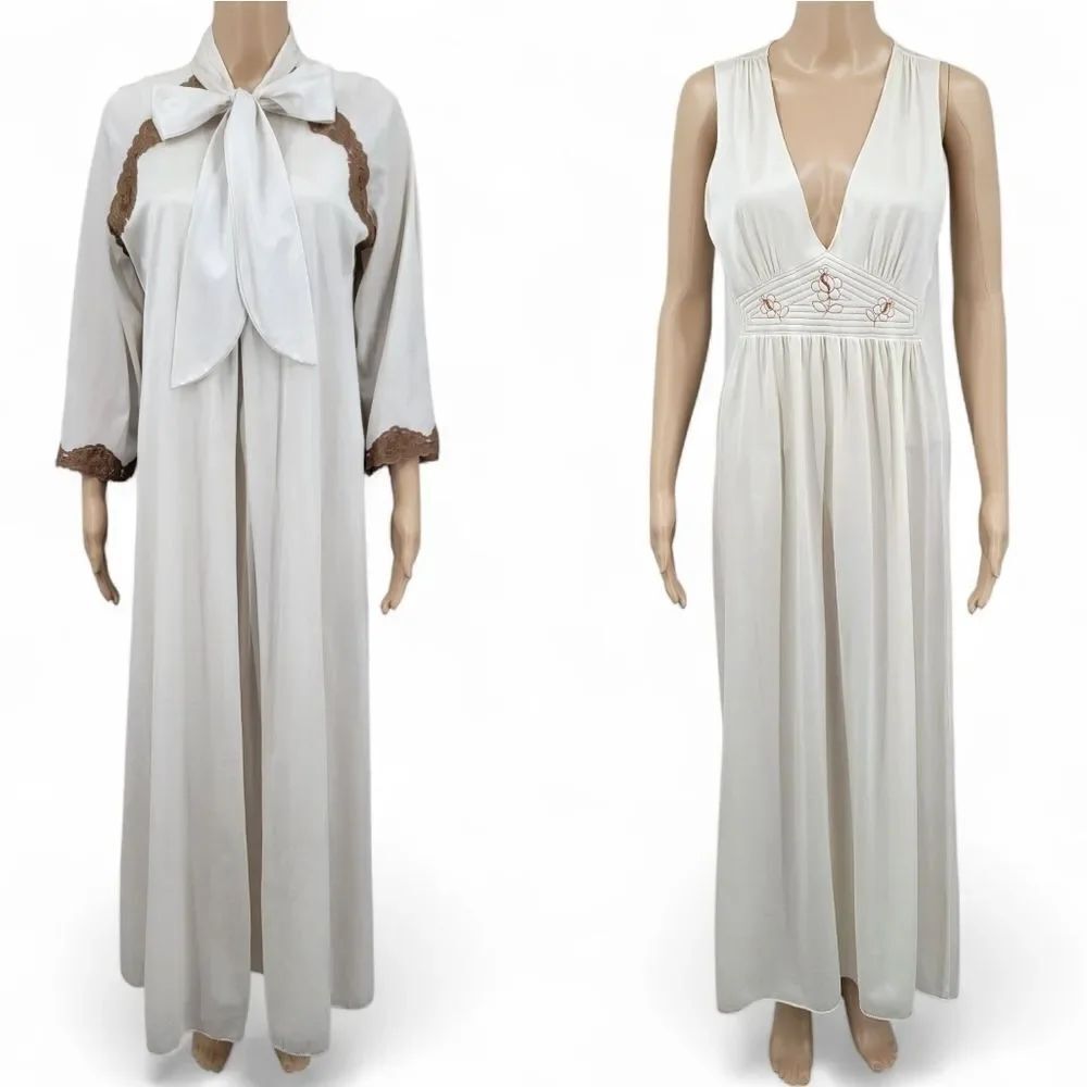70s Elegant Cream and Brown Women's Nightgown and Peignoir Robe Set